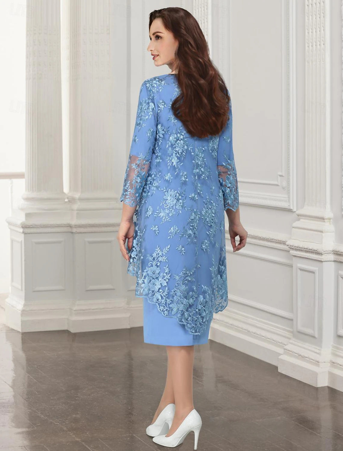 Buyishang Two Piece Sheath / Column Mother of the Bride Dress Elegant Jewel Neck Tea Length Chiffon Lace Sleeveless Jacket Dresses with Appliques free custom size